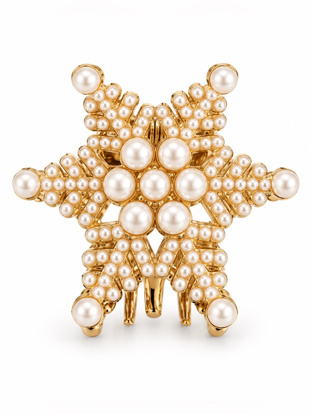 Snowflake Allover White Pearl & Gold Metal Winter 1.75“ Lobster Claw Hair Clip